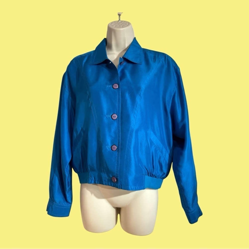 Stylish Silk Petite Button Up Jacket Blue Teal. Lined Size Small